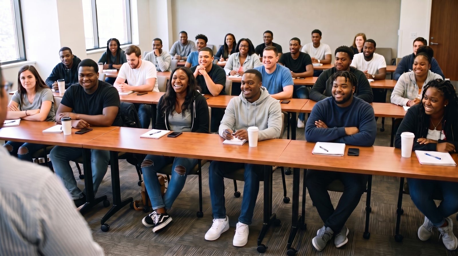 A full class of students laughing together in a hotel meeting room